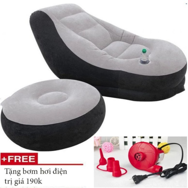 Ghế hơi tựa lưng bọc nhung Lazy Sofa, có đôn gác chân + Tặng kèm bơm hơi điện 220V