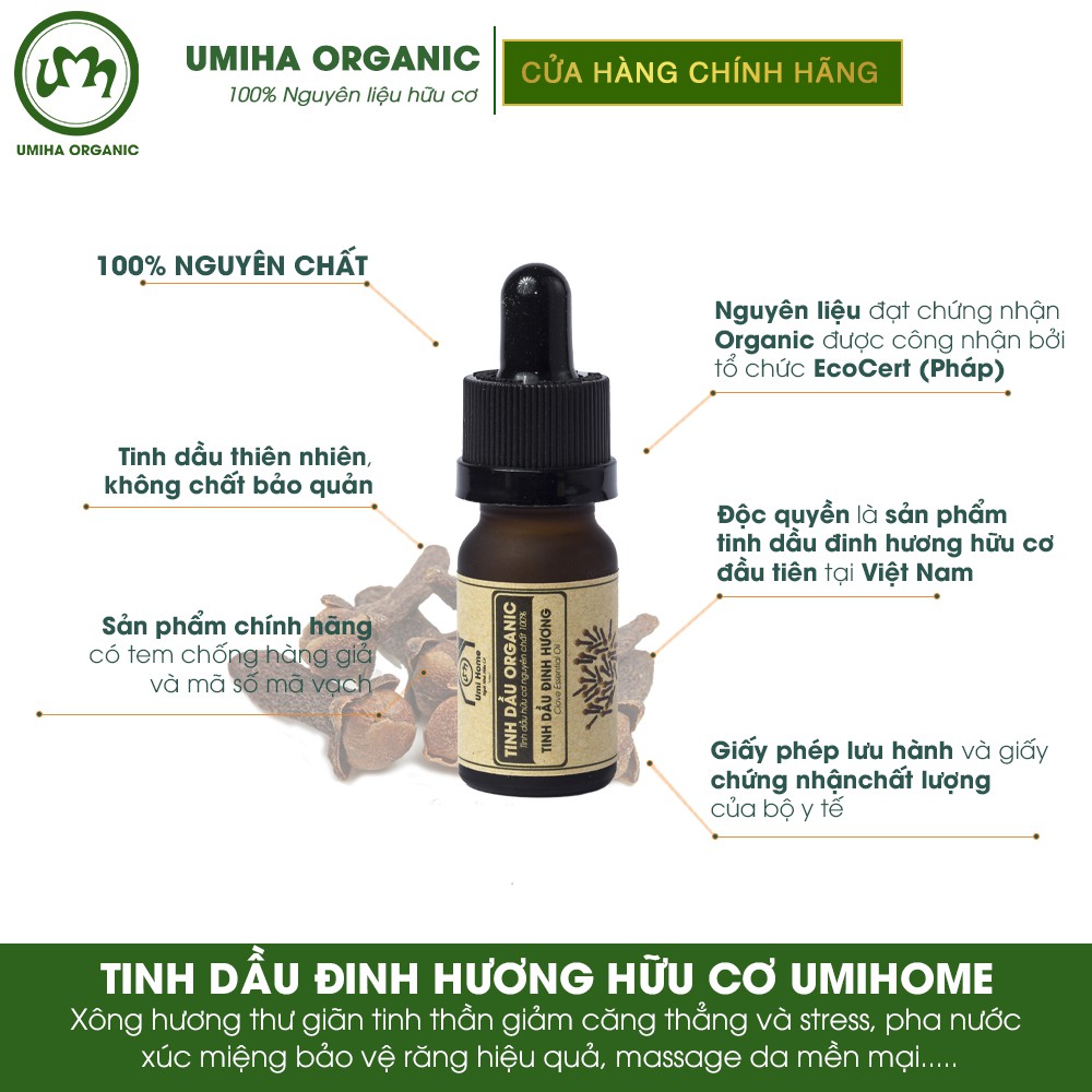 Tinh dầu Đinh Hương hữu cơ UMIHOME nguyên chất 10ml - Dùng xông giảm mệt mỏi, thư giãn, dưỡng ngăn rụng tóc