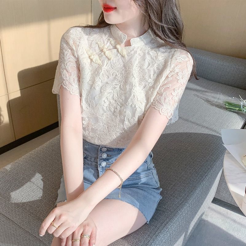 Summer Western Style Short-Sleeved Chiffon Shirt Women's New Lace Cheongsam Top Bottoming Small