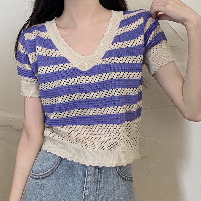 Áo Thun Tay Ngắn Cổ Chữ V Phong Cách Hàn Quốc Cho Nữ