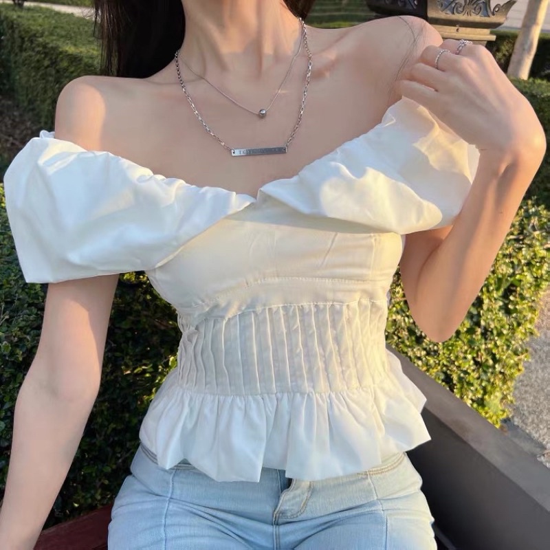 Áo trễ vai tay bồng xếp li eo siêu tôn dáng siêu xinh, áo tiểu thư nhẹ nhàng