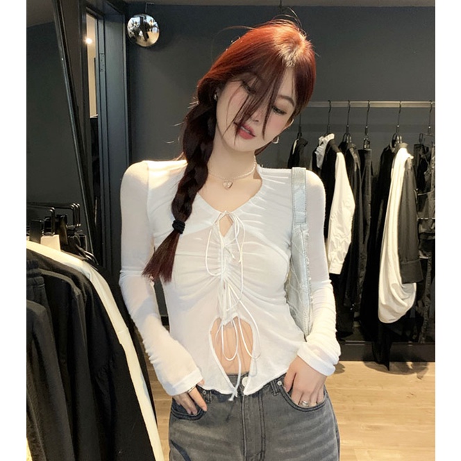 QKOOLE Áo thun croptop  tay dài phong cách Hàn Quốc thời trang cho nữ