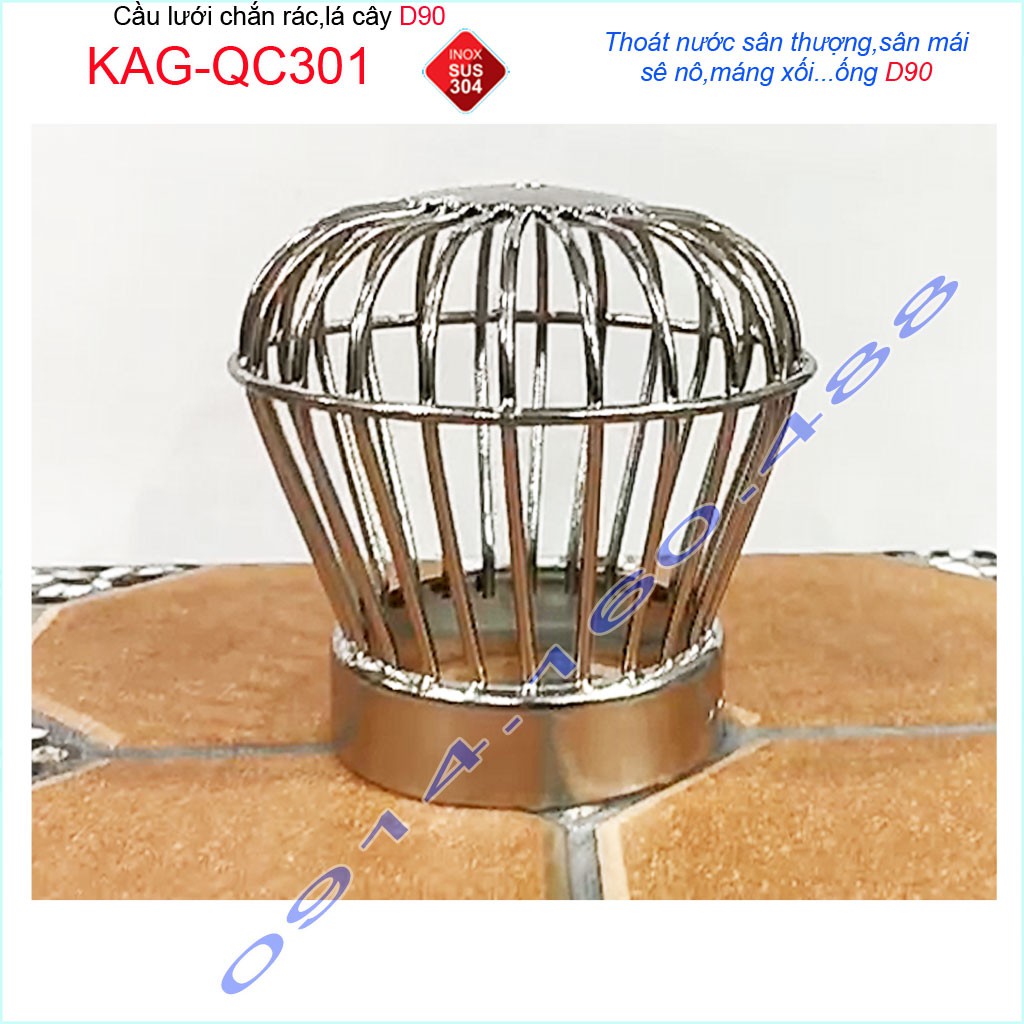 Cầu chắn rác sân thượng KAG-QC301 (ống D90), Cầu chặn rác Inox 304 đế thấp thả ống D90, chác lưới lọc rác thoát nước mưa