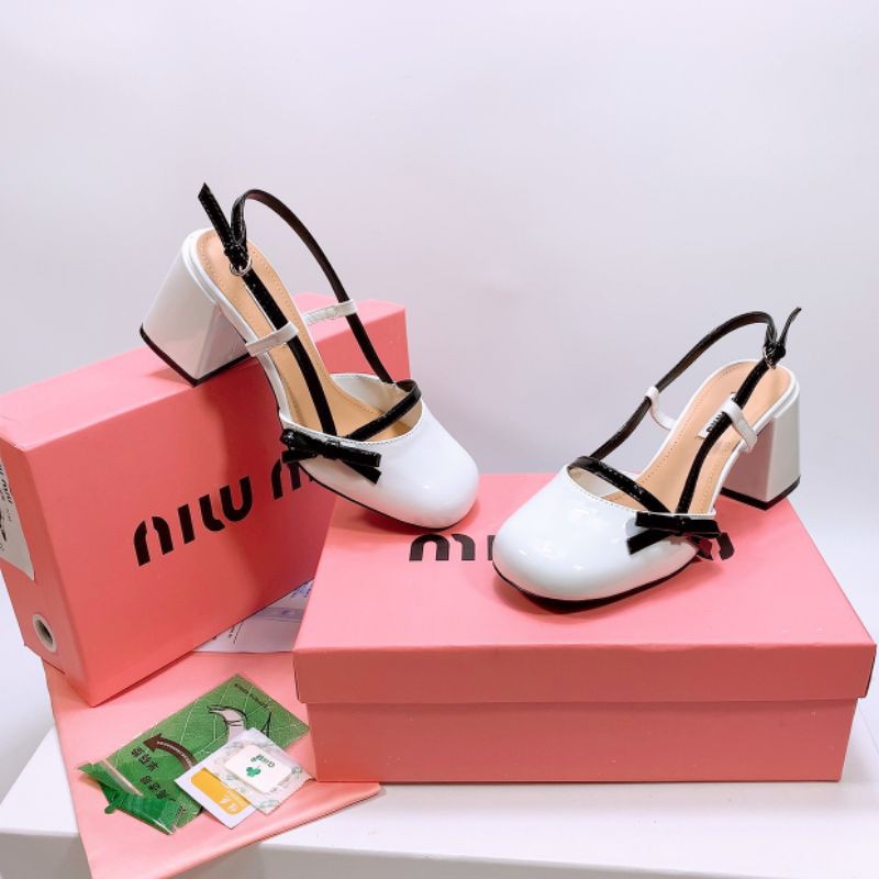 B(ẢNH THẬT) Sandal 7p Miu Miu Gót To Nơ Nhí Quai Mảnh Da Bóng Mềm Êm Fullbox Bill Túi Hãng Cao Cấp