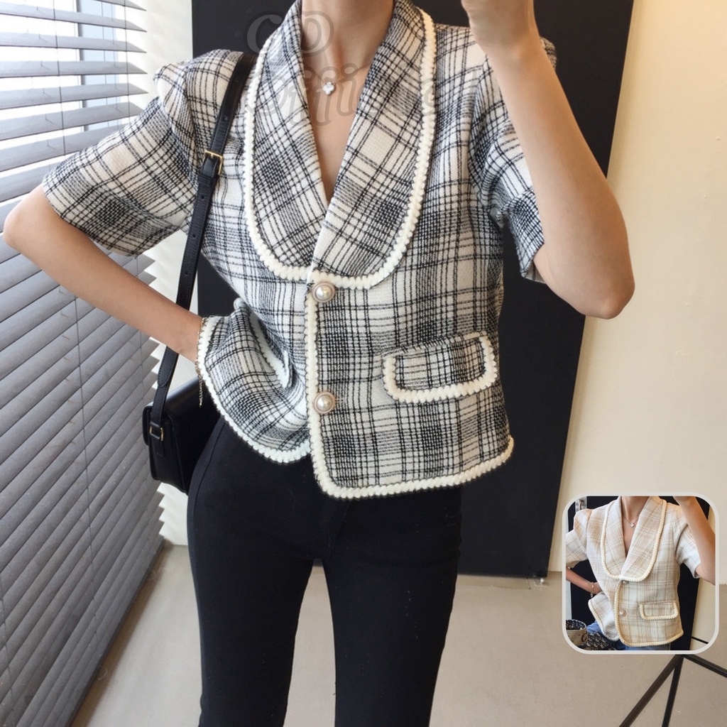 K8|Áo khoác đường viền sọc caro có túi dáng ngắn chất dạ tweed hàn quốc đơn giản cho nữ màu be GD Official