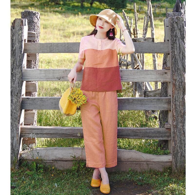 Bộ Đồ Nữ Trung Niên Chất Liệu Vải Linen Không Nhăn Thoáng Mát Thấm Mồ Hôi Tốt