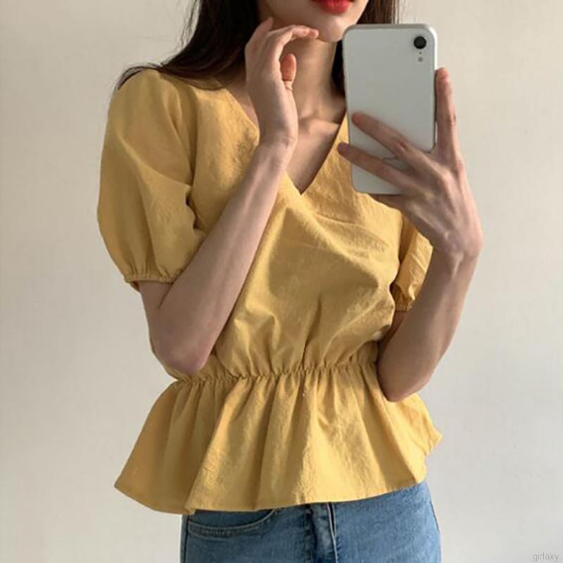 Áo kiểu tay ngắn cổ chữ V thời trang Hàn Quốc dành cho nữ