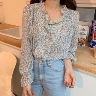 Áo Kiểu Tay Phồng Cổ Chữ v Họa Tiết Hoa Nhỏ Phong Cách Hàn Quốc Thời Trang Cho Nữ