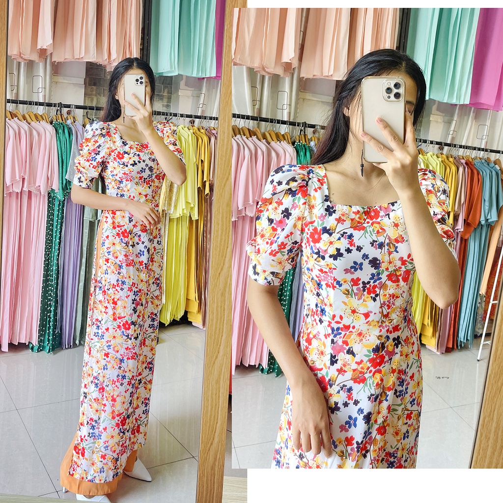 Áo dài hoa nhí tay phồng tay bồng cổ vuông xinh xắn vintage