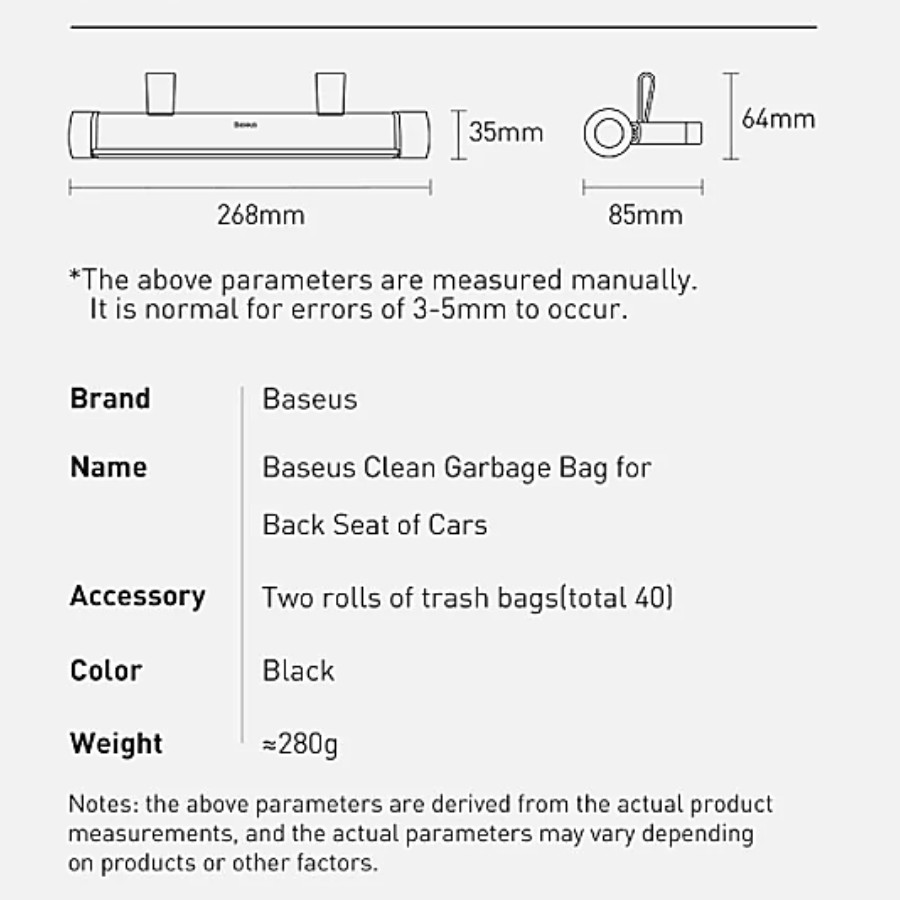 Túi đựng rác ghế sau xe ô tô Baseus Clean Garbage Bag for Back Seat of Cars (2 cuộn - 20 túi/cuộn) LVC004-BK