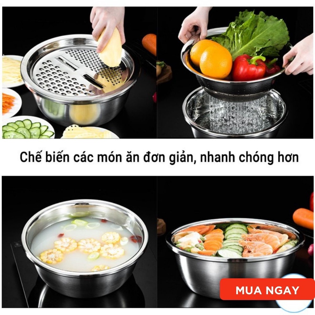 Bộ dụng cụ nạo rau củ inox cao cấp không gỉ nhiều chức năng bào cắt rau củ quả rổ để ráo nước sử dụng cho nhà bếp