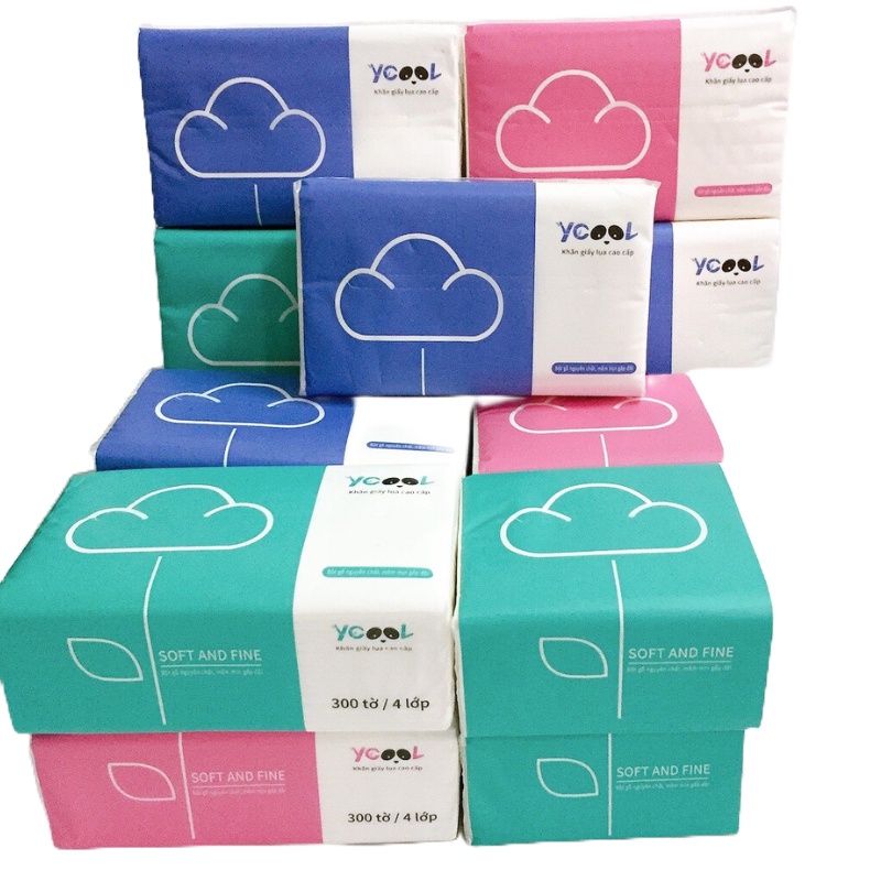 Thùng 24 gói/300 tờ/ 4 lớp Khăn giấy lụa cao cấp YCOOL trắng tự nhiên/ Khăn giấy rút đa năng