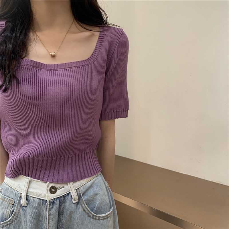 Áo Sweater Tay Ngắn Cổ Vuông Vải Lụa Lạnh Thời Trang Xuân Hè Cho Nữ 2021