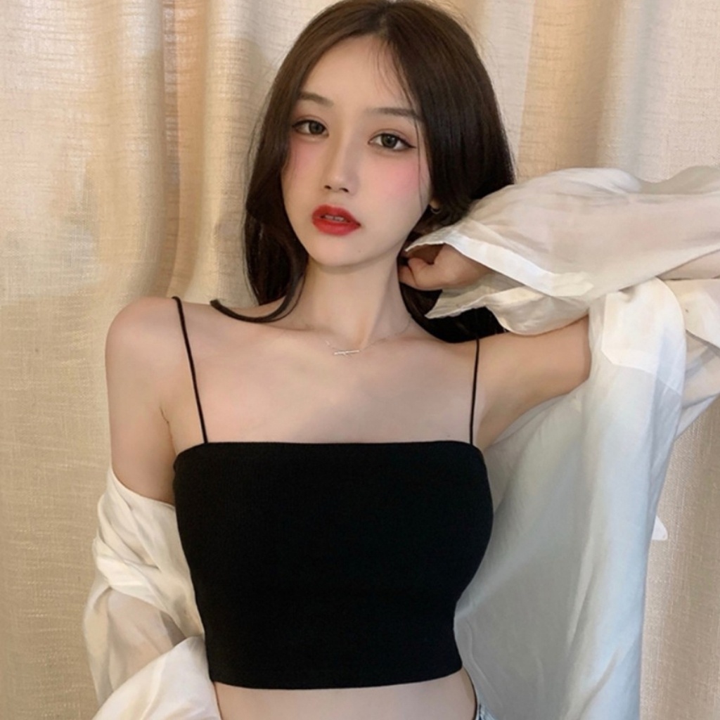 Áo Hai Dây Sợi Bún Dáng Croptop Chất Thun Dày Dặn Co Gian Ko Lộ Ngực Freesize 53kg quay đầu
