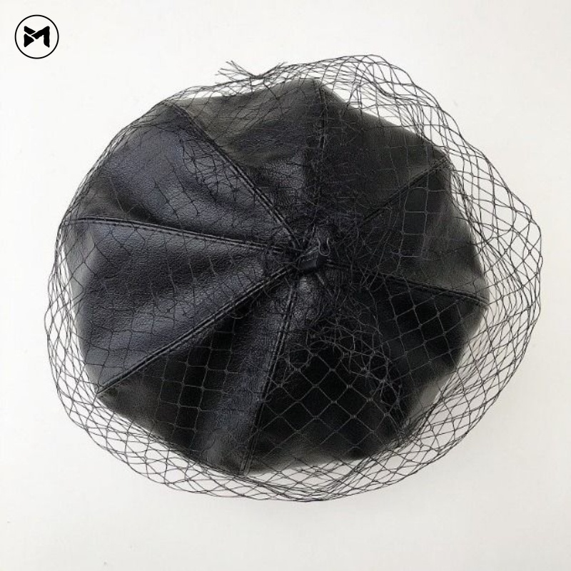 Mũ Beret Da PU Phối Lưới Phong Cách Retro Cho Bạn Gái