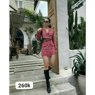 Set crop caro cổ vest tay dài + chân váy đắp