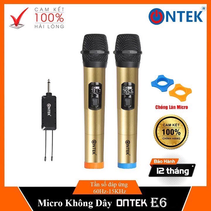 Bộ 02 Micro không dây karaoke ONTEK E6s gold bản cao cấp Chuyên Dành Cho Mọi Loa Kéo, Âm Ly, Tần Số 50, Hát Nhẹ Êm