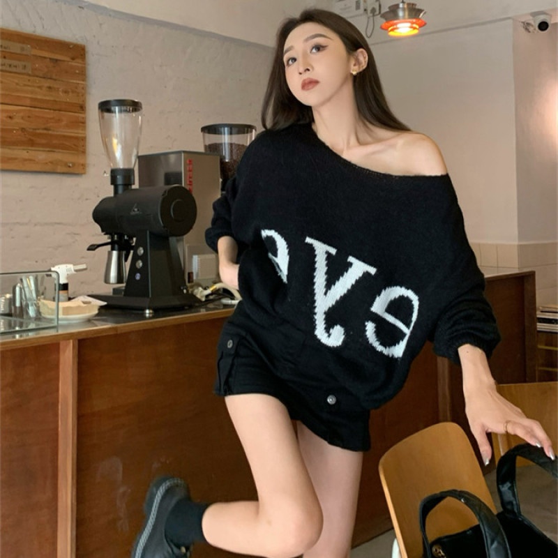Áo Sweater Dệt Kim Tay Dài Dáng Rộng In Chữ Thời Trang