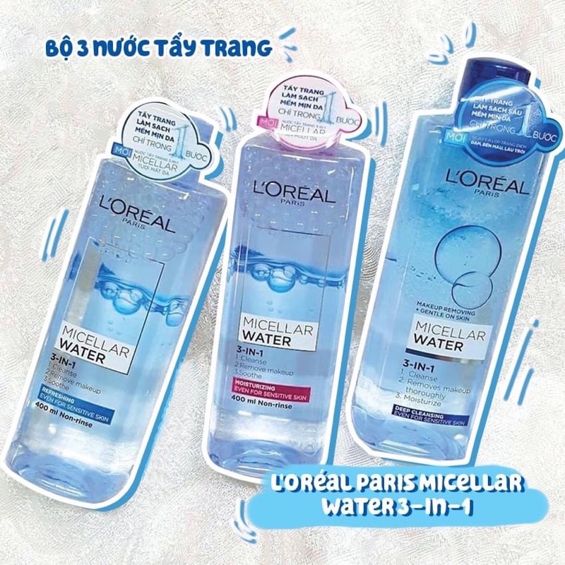 Nước tẩy trang dưỡng ẩm L'Oreal Paris 3-in-1 Micellar water 400ml