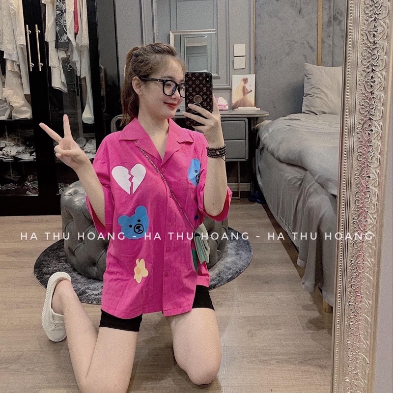 Set Bộ Đồ Nữ Áo Sơ Mi Gấu Phối Quần Legging Ngố