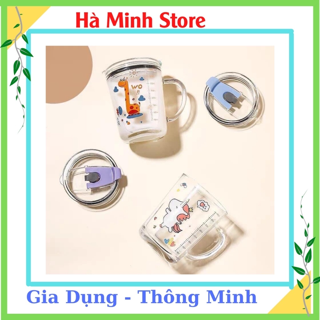 Cốc Thủy Tinh Chia Vạch, Cốc Pha Sữa, Ly Thủy Tinh Chia Vạch, Cốc Uống Nước Cho Bé Có Ông Hút, Nấp Đậy Hà Minh Store