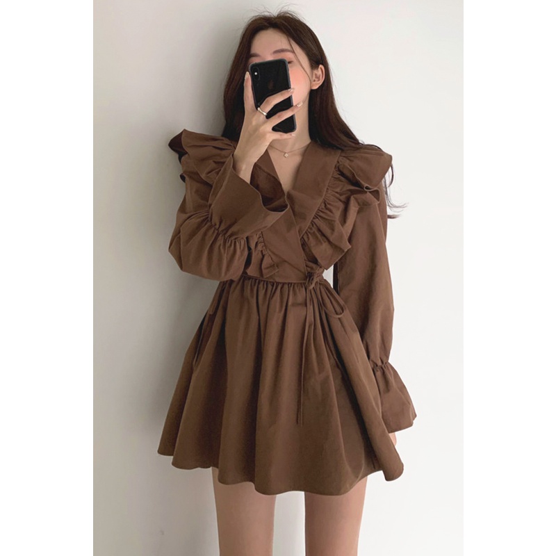 Đầm dài tay cổ chữ v thiết kế mới thời trang mùa thu theo phong cách retro