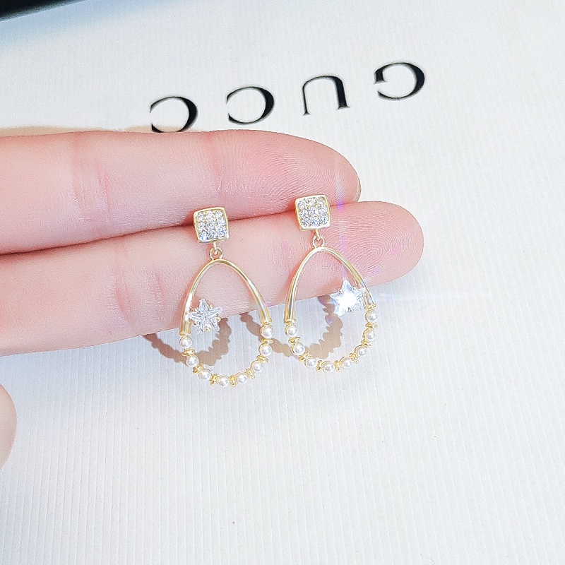 [Jiudolan] Bông Tai Đính Ngọc Trai Và Đá Zircon Hình Giọt Nước Năm Cánh Thời Trang Hàn Quốc Cho Nữ