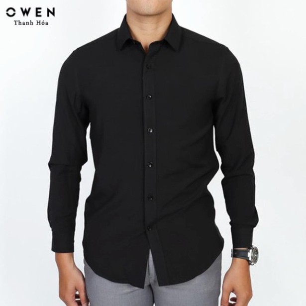 OWEN - Áo sơ mi dài tay Owen regular fit màu đen trơn 90646 [Cam kết chính hãng]