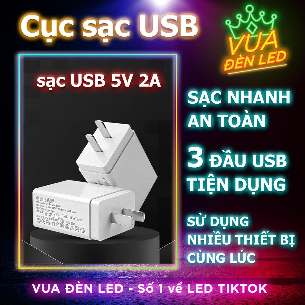 Cục sạc USB 5V 2A sạc nhanh an toàn, củ sạc điện thoại VUA ĐÈN LED 3 đầu USB tiện dụng bảo hành 1 năm