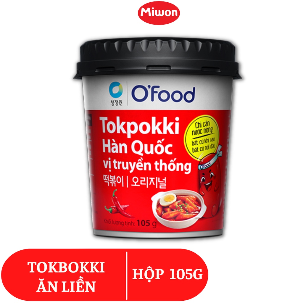 Tokbokki Hàn Quốc O'Food ăn liền vị cay hộp 105g, sử dụng nước sôi làm chín, có kèm theo sốt