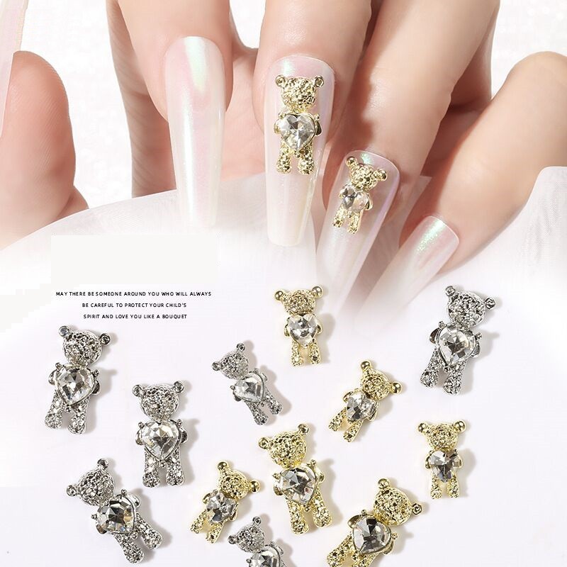 CẶP Charm Gấu Đá Ôm Tim Đá Trắng Cao Cấp Đính Móng