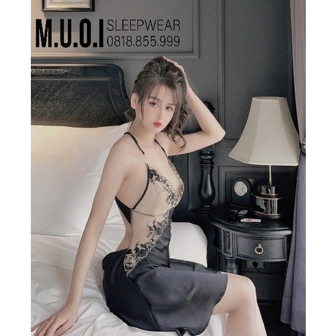 Váy ngủ lụa đen phối ren hoa sexy 2021❤️FREESHIP❤️Đầm mặc nhà gợi cảm  QUẢNG CHÂU Muối store V62( video- ảnh)