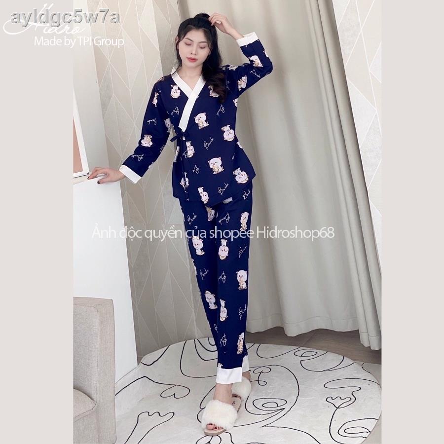 Bộ Pijama Kimono Dài Tay Phối Viền Họa Tiết Dễ Thương Chất Mềm Mịn