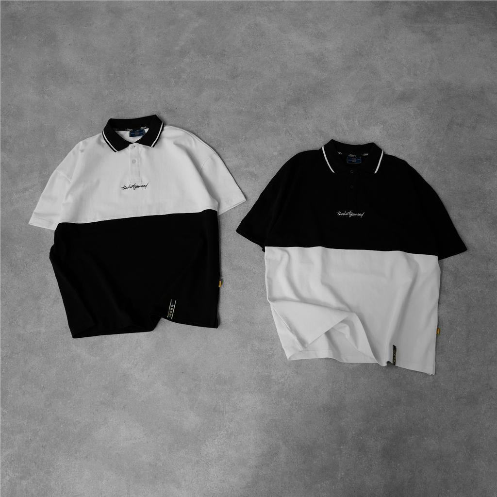 Áo Polo TSUN 2 Panel - Đen/ Trắng - [UNISEX] - Thêu