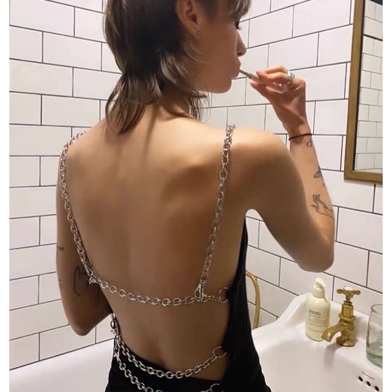 DUNEA Áo Tank Top Màu Trơn Phối Dây Xích Gợi Cảm Quyến Rũ Cho Nữ