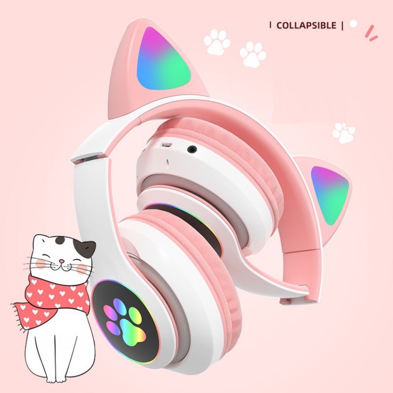 Tai Nghe Mèo Dễ Thương Kết Nối Bluetooth Headphone Chụp Tai Có Đèn Led 7 Màu Âm Bass Mạnh Mẽ - BẢO HÀNH 6 THÁNG