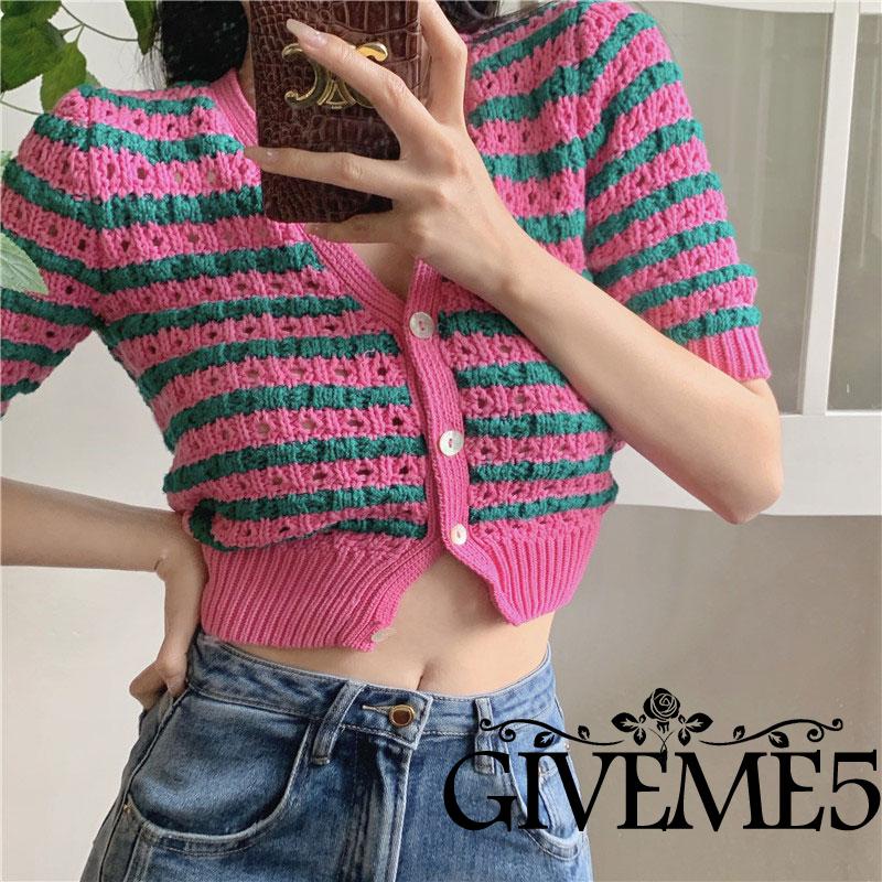 Áo Cardigan Tay Ngắn Cổ Chữ V Cài Nút Họa Tiết Kẻ Sọc Thanh Lịch Cho Nữ