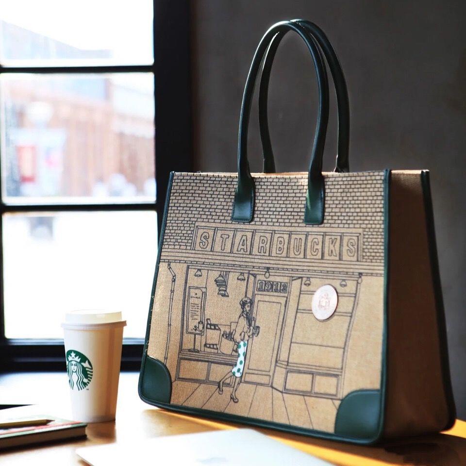 Starbucks 2021 Túi vải lanh một bên vai sức chứa lớn in chữ phong cách Retro phiên bản giới hạn kỷ niệm 50 năm