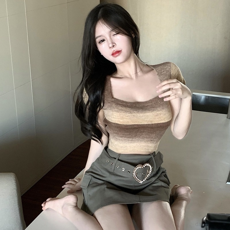 Áo Thun Croptop Dệt Kim Tay Ngắn Cổ Vuông Dáng Ôm Phong Cách Hàn Quốc Cho Nữ