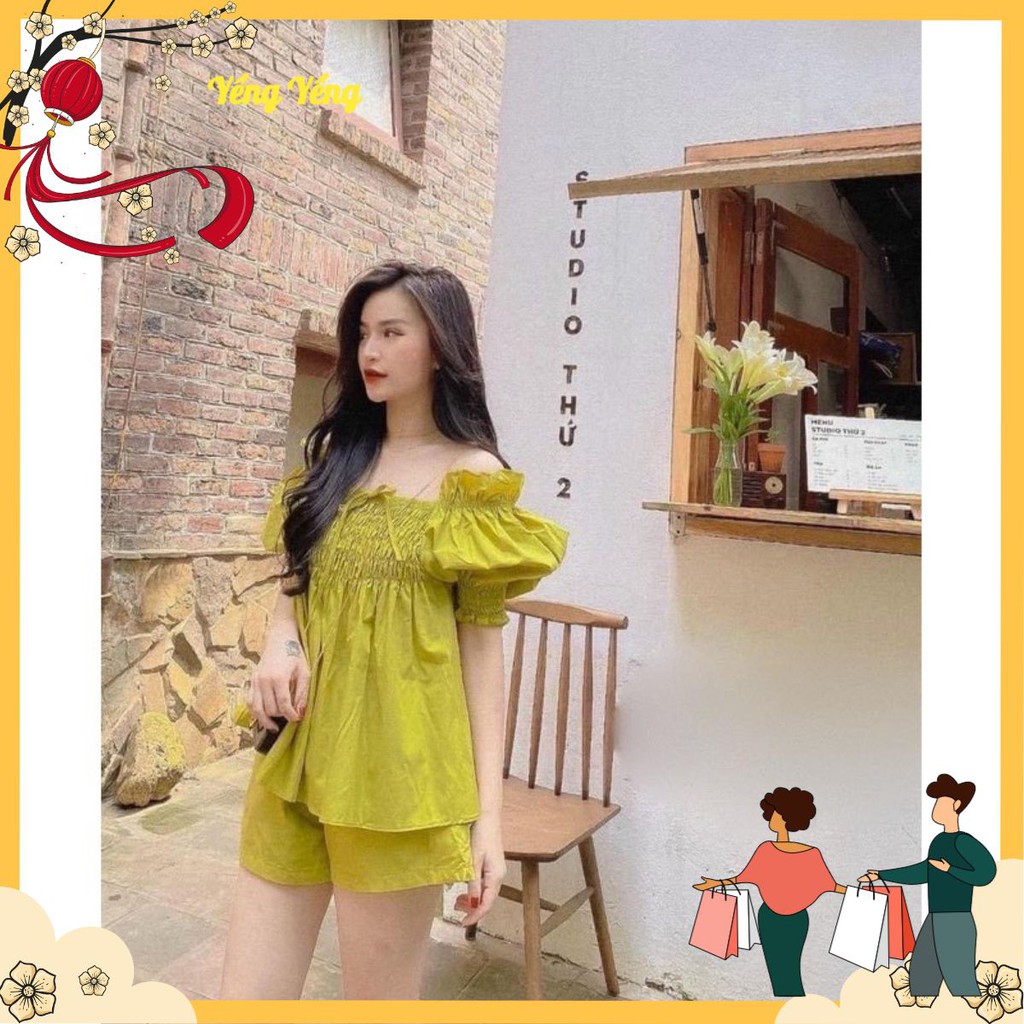 SNU226 - SET ĐÙI NỮ XANH CỐM CHUN NGỰC TAY BỒNG