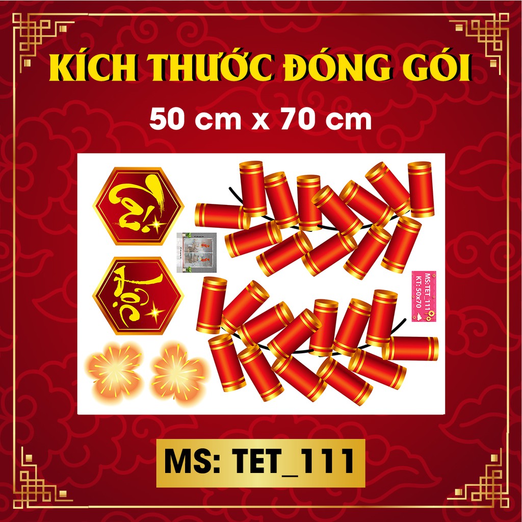 Decal trang trí tết combo số 71 cành đào hồng và pháo xuân