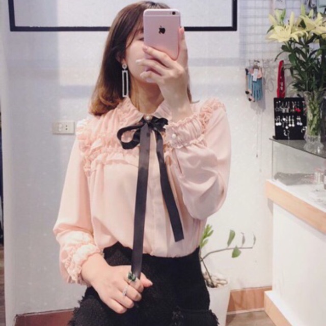 Sơ mi bèo phối nơ ảnh thật