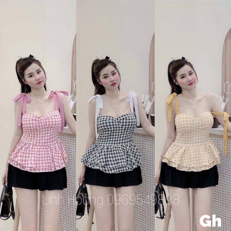 Áo kiểu dây cột caro peplum ( Có mút ngực )