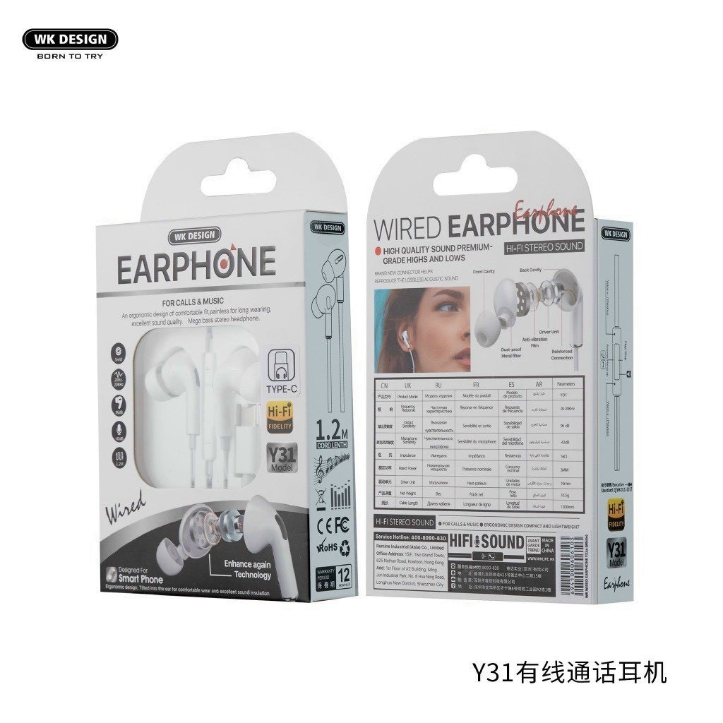 [Hàng Chính Hãng] Tai nghe Hãng WK Y31 cắm jack Chân Type C/ Chân tròn 3.5mm/ Chân Lightning Iphone