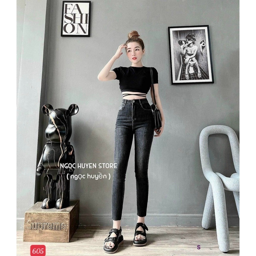 Quần jean nữ đen cao cấp - quần jean nữ lưng cao chất liệu denim co giãn (fom chuẩn shop) Lady-Hn Store88 Ms 605