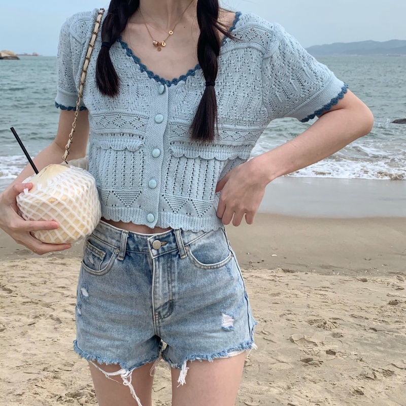 Áo Cardigan Dệt Kim Tay Ngắn Khoét Lỗ Màu Sắc Tương Phản Phong Cách Nhật Bản