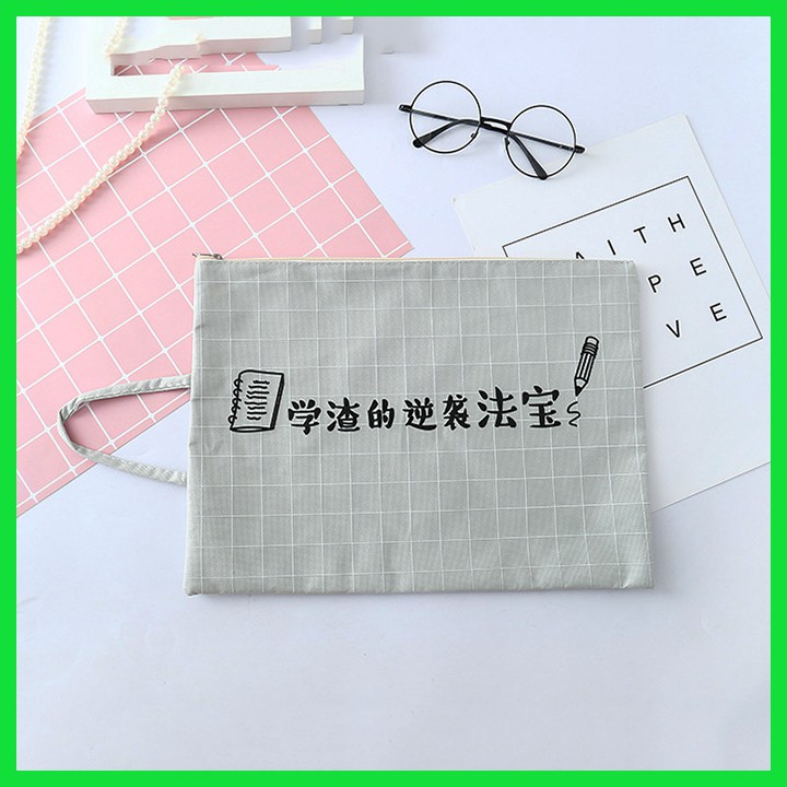 HCM - Túi vải kiểu Nhật caro chữ đựng tài liệu sách vở bút viết