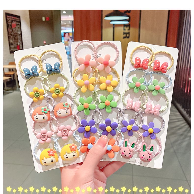 Set 10 Dây Buộc Tóc Co Giãn Họa Tiết Hoạt Hình Cho Bé Gái