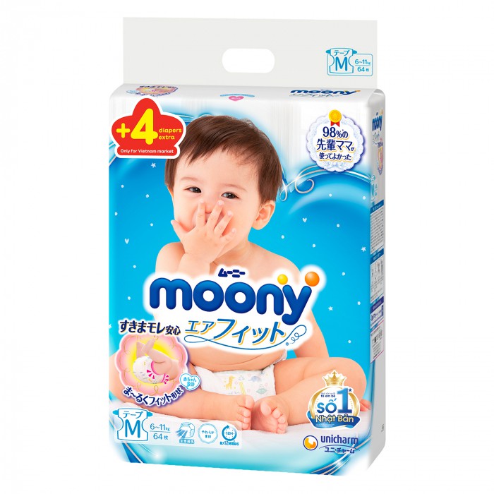 cm bo 3 bịch Bỉm - Tã dán Moony cộng miếng size M 64 + 4 (6 - 11kg)