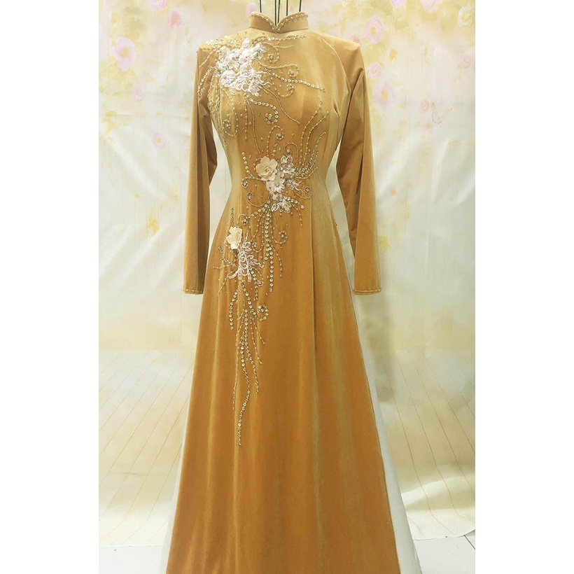 ÁO DÀI NHUNG MÀU VÀNG ĐỒNG  ẢNH THẬT 100% - CỔ CAO TT HOẶC THUYỀN